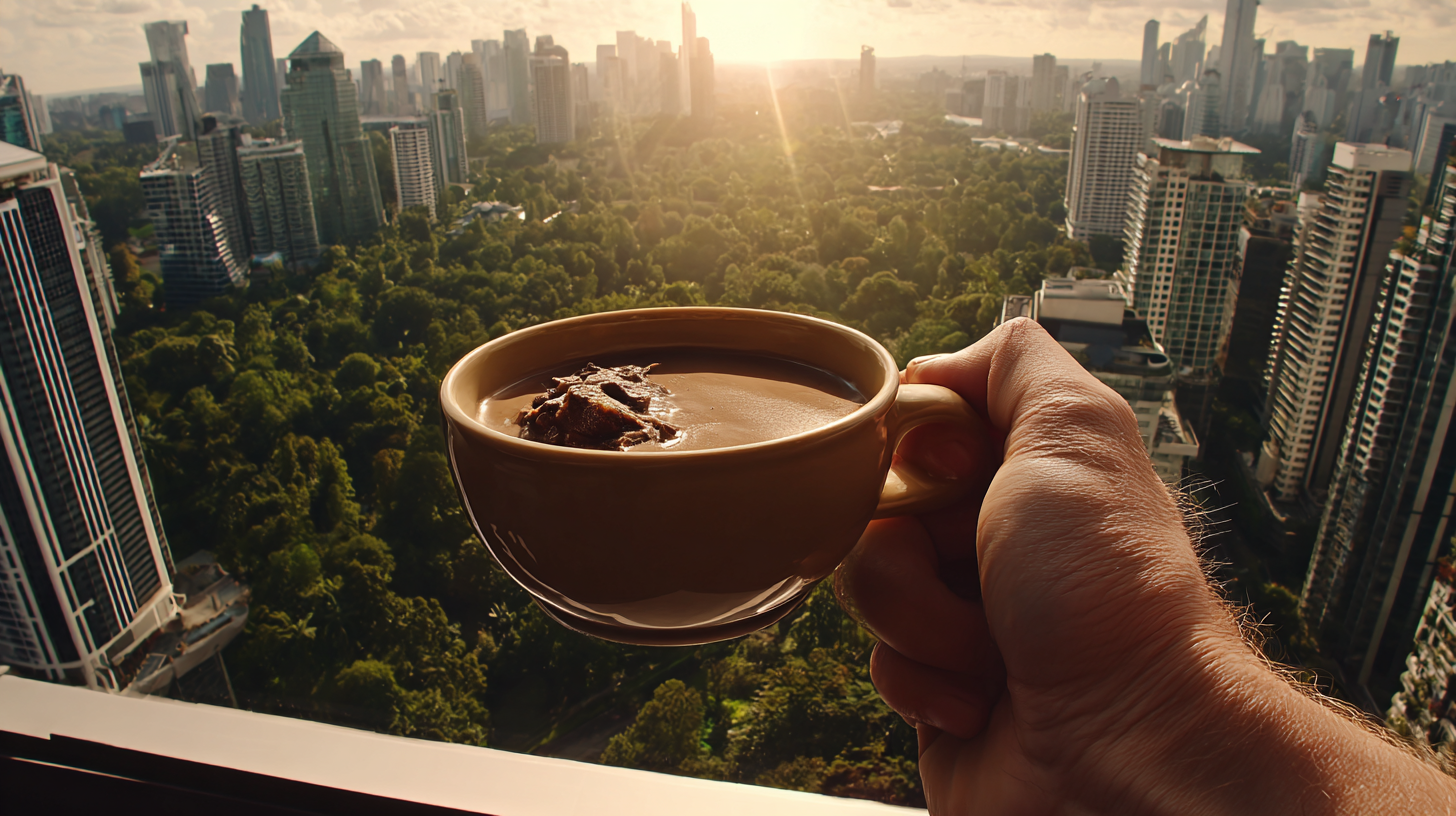 A hand holding a coffee cup looking out to an amazing view