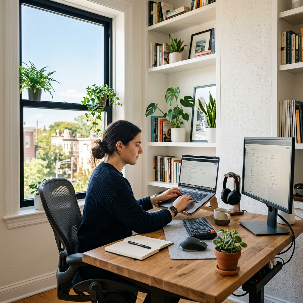 Rachel Clarke, virtual assistant based in Bedfordshire, working at a home office desk.